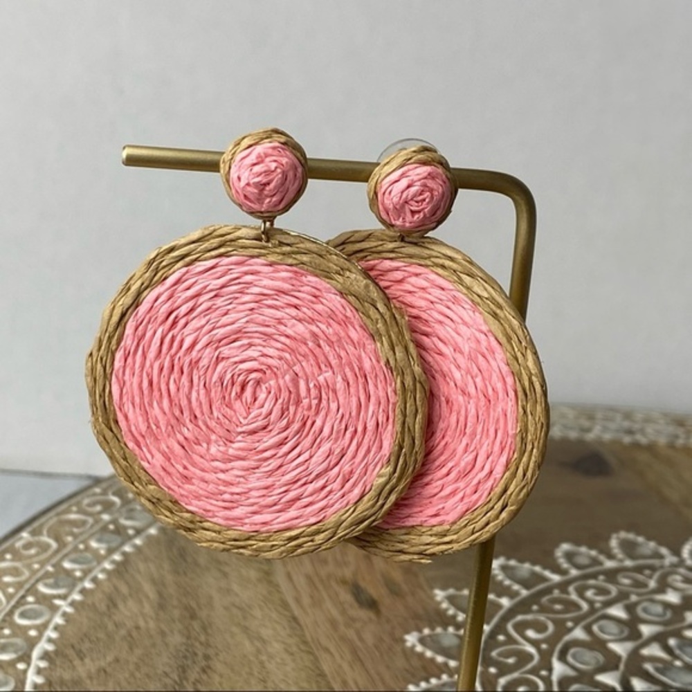 Rattan Knit Wooden Drop Earrings for Women Ethnic Handmade Geometric Round